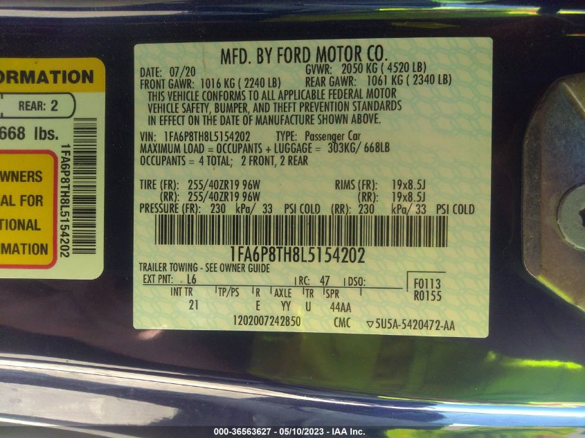 2020 FORD MUSTANG ECOBOOST - 1FA6P8TH8L5154202