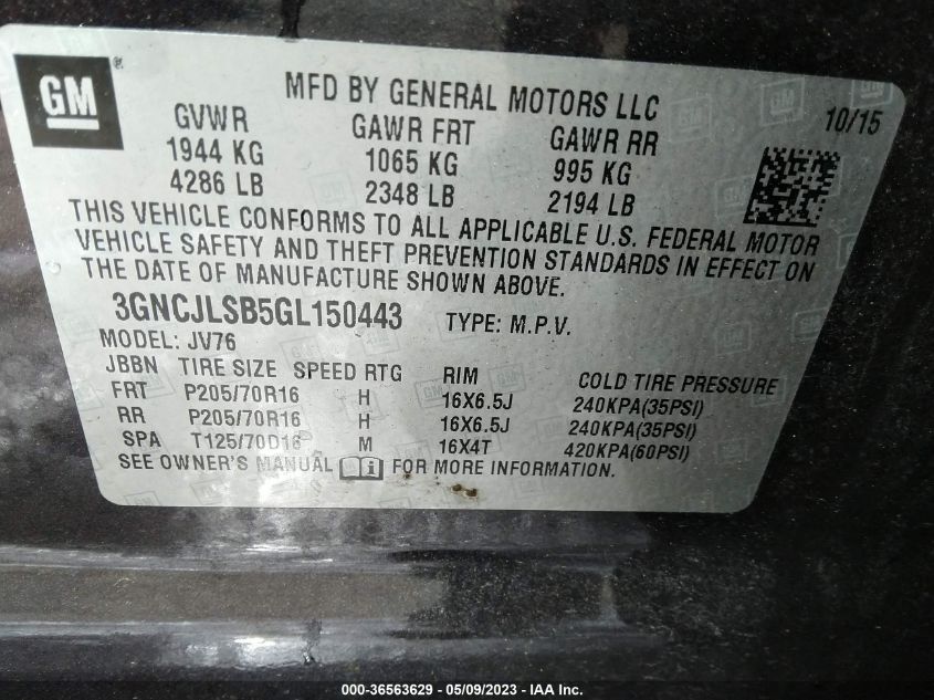 2016 CHEVROLET TRAX LT - 3GNCJLSB5GL150443