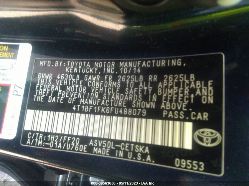 2015 TOYOTA CAMRY XLE/SE/LE/XSE - 4T1BF1FK6FU488079