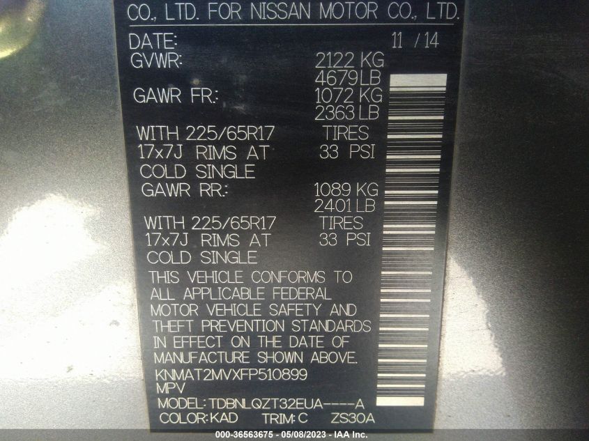 2015 NISSAN ROGUE SV - KNMAT2MVXFP510899