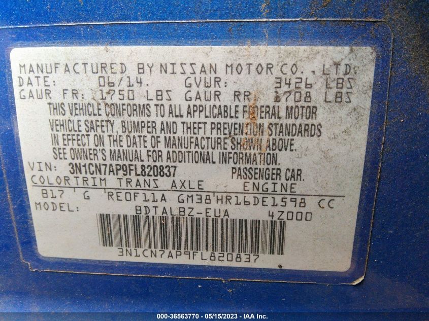 2015 NISSAN VERSA SV - 3N1CN7AP9FL820837