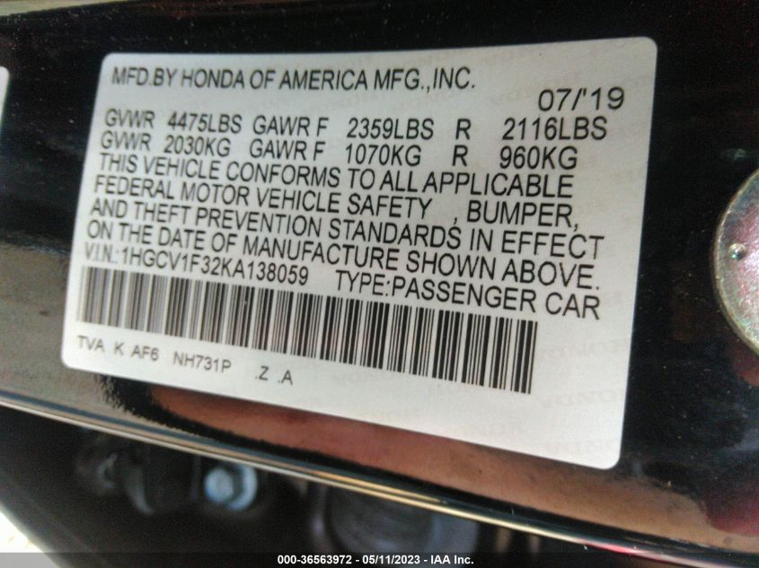 2019 HONDA ACCORD SEDAN SPORT 1.5T - 1HGCV1F32KA138059