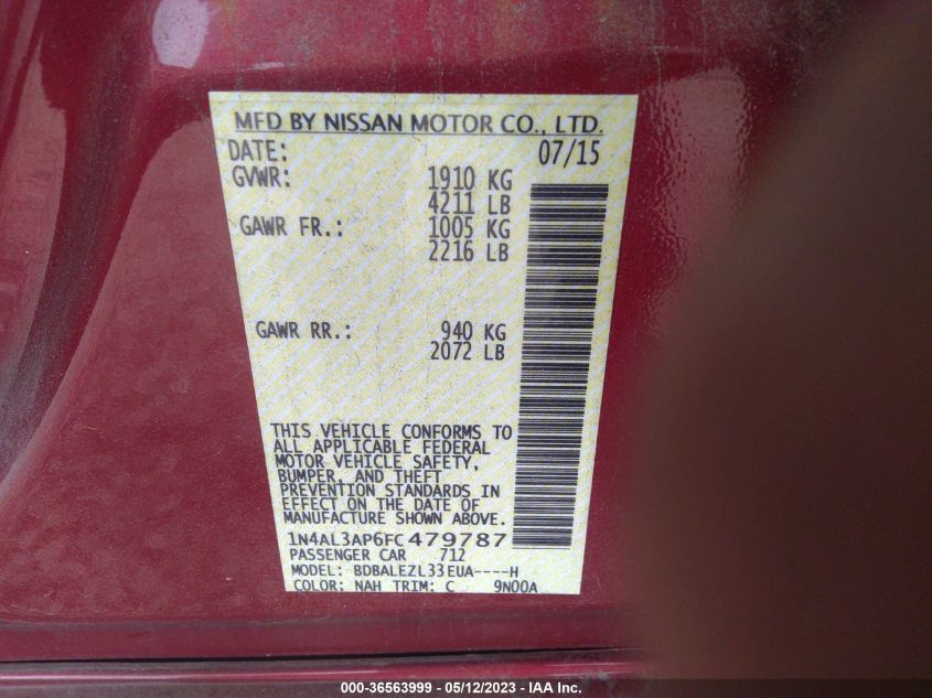 2015 NISSAN ALTIMA 2.5 S - 1N4AL3AP6FC479787