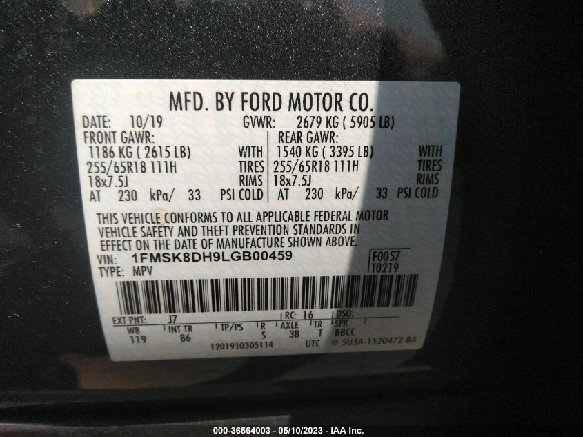 2020 FORD EXPLORER XLT - 1FMSK8DH9LGB00459