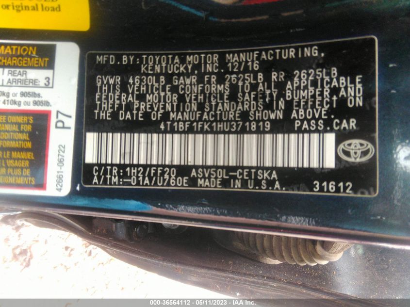 2017 TOYOTA CAMRY XLE/SE/LE/XSE - 4T1BF1FK1HU371819