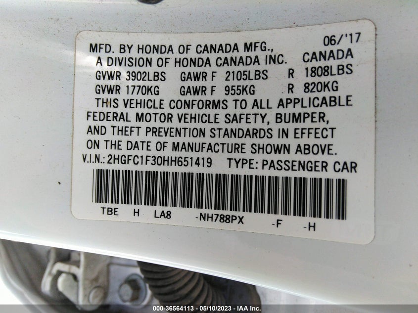 VIN 2HGFC1F30HH651419 2017 HONDA CIVIC SEDAN EX-T