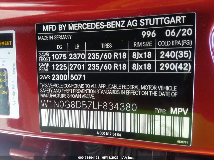 2020 MERCEDES-BENZ GLC GLC 300 - W1N0G8DB7LF834380
