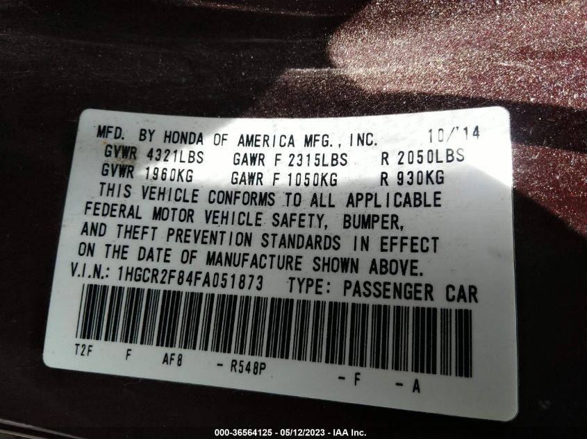 2015 HONDA ACCORD SEDAN EX-L - 1HGCR2F84FA051873