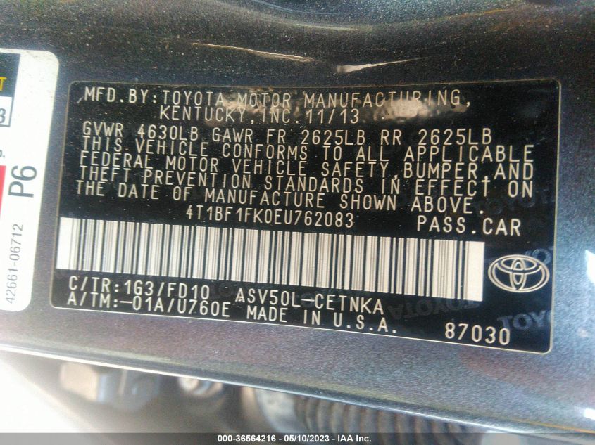 2014 TOYOTA CAMRY L/LE/XLE/SE/SE SPORT - 4T1BF1FK0EU762083