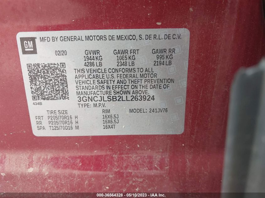 2020 CHEVROLET TRAX LT - 3GNCJLSB2LL263924