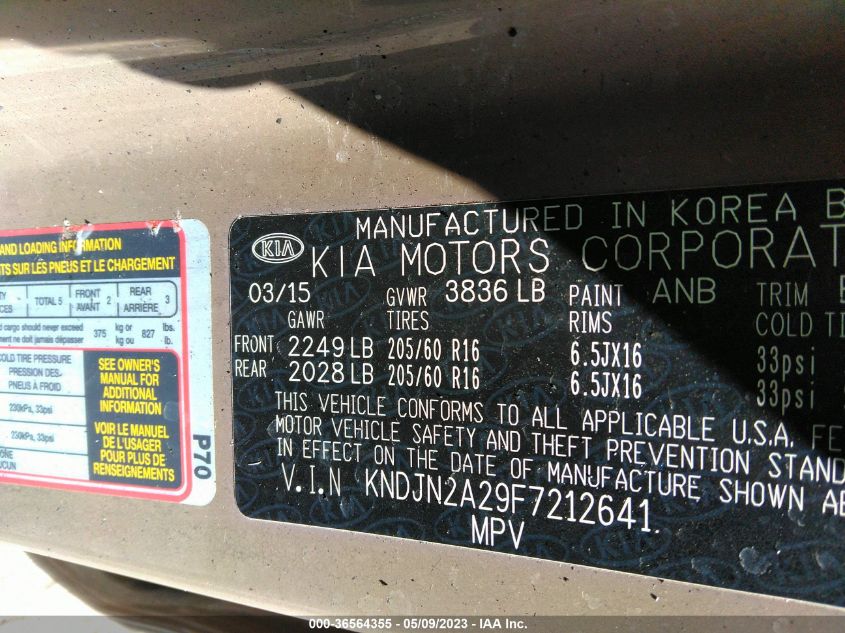 2015 KIA SOUL BASE - KNDJN2A29F7212641