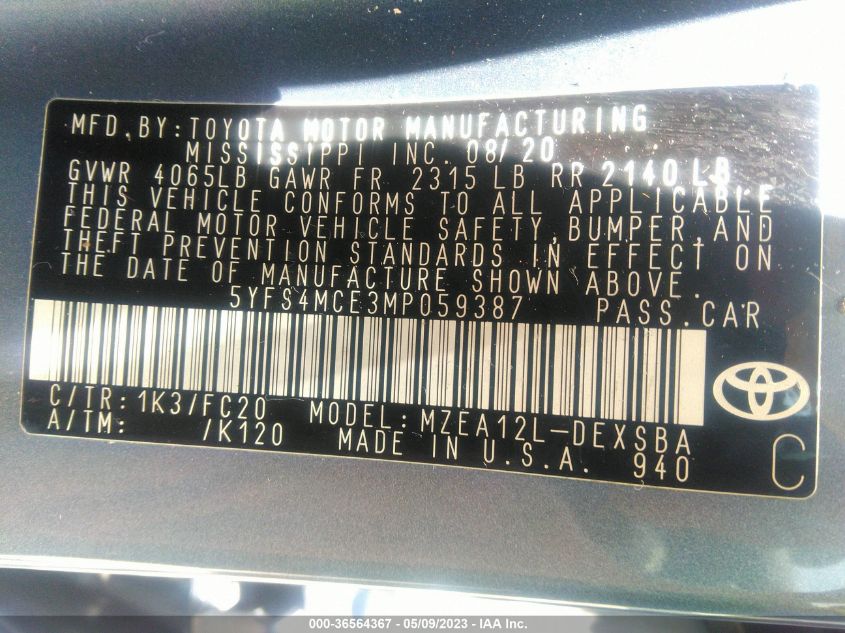 2021 TOYOTA COROLLA SE/NIGHTSHADE/APEX SE - 5YFS4MCE3MP059387