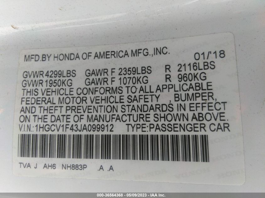 2018 HONDA ACCORD SEDAN EX 1.5T - 1HGCV1F43JA099912