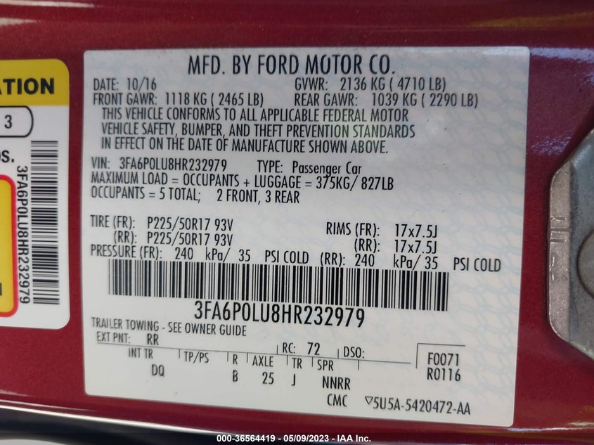 VIN 3FA6P0LU8HR232979 2017 FORD FUSION HYBRID SE