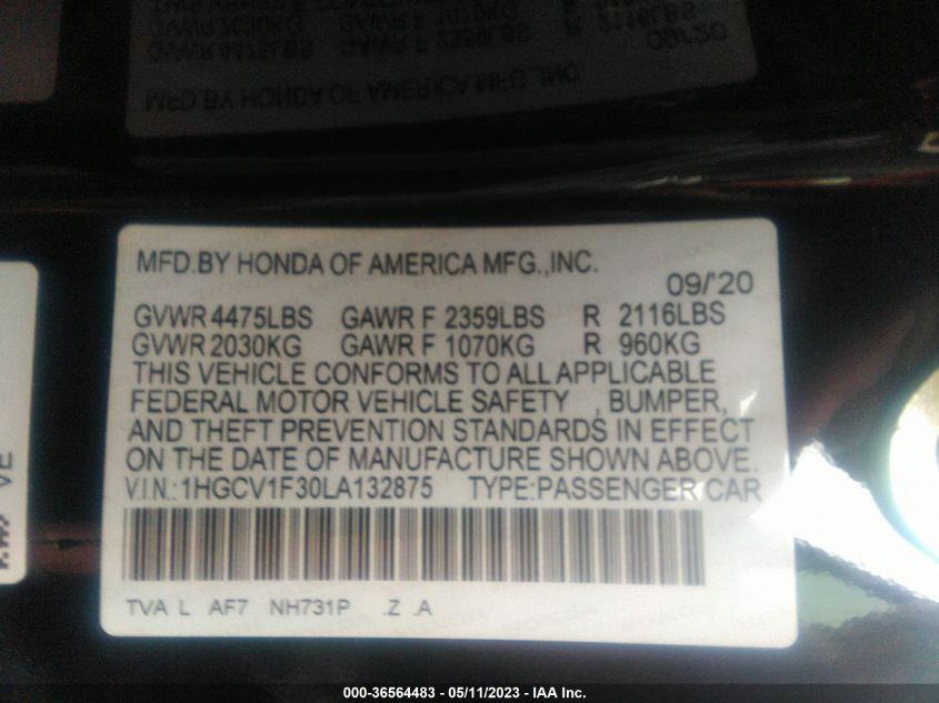 2020 HONDA ACCORD SEDAN SPORT - 1HGCV1F30LA132875