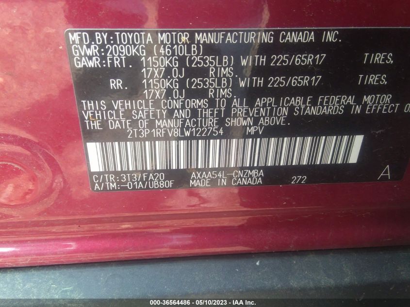 2020 TOYOTA RAV4 XLE - 2T3P1RFV8LW122754