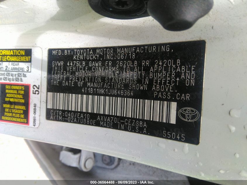 2018 TOYOTA CAMRY LE/SE/XLE/L - 4T1B11HK1JU646364