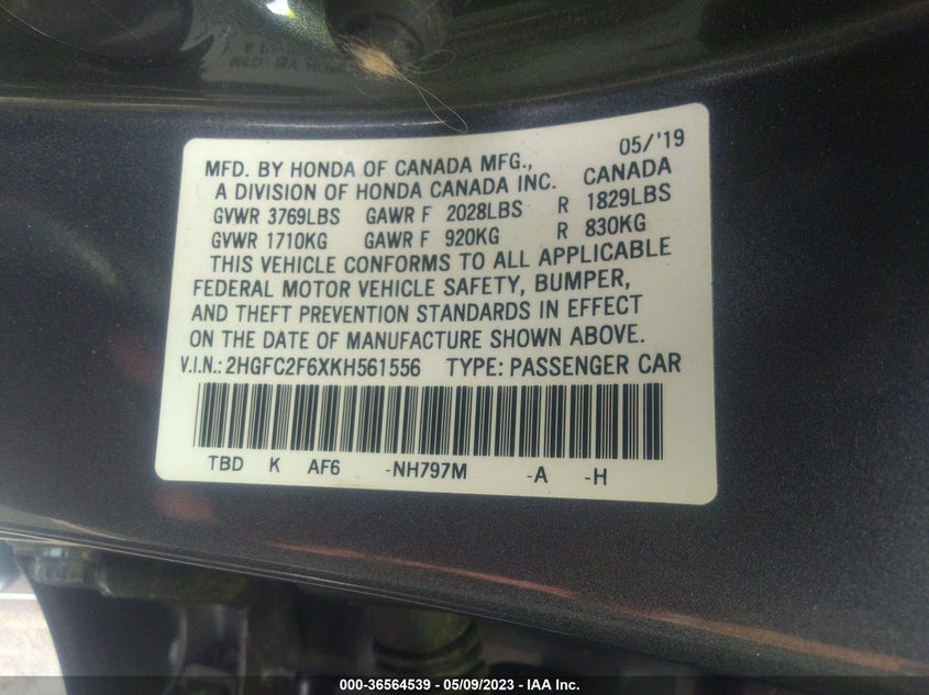 VIN 2HGFC2F6XKH561556 2019 HONDA CIVIC SEDAN LX