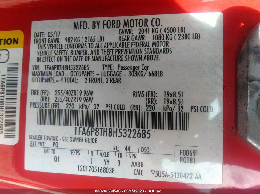 VIN 1FA6P8TH8H5322685 2017 FORD MUSTANG ECOBOOST
