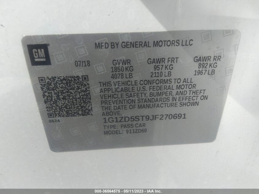 2018 CHEVROLET MALIBU LT - 1G1ZD5ST9JF270691