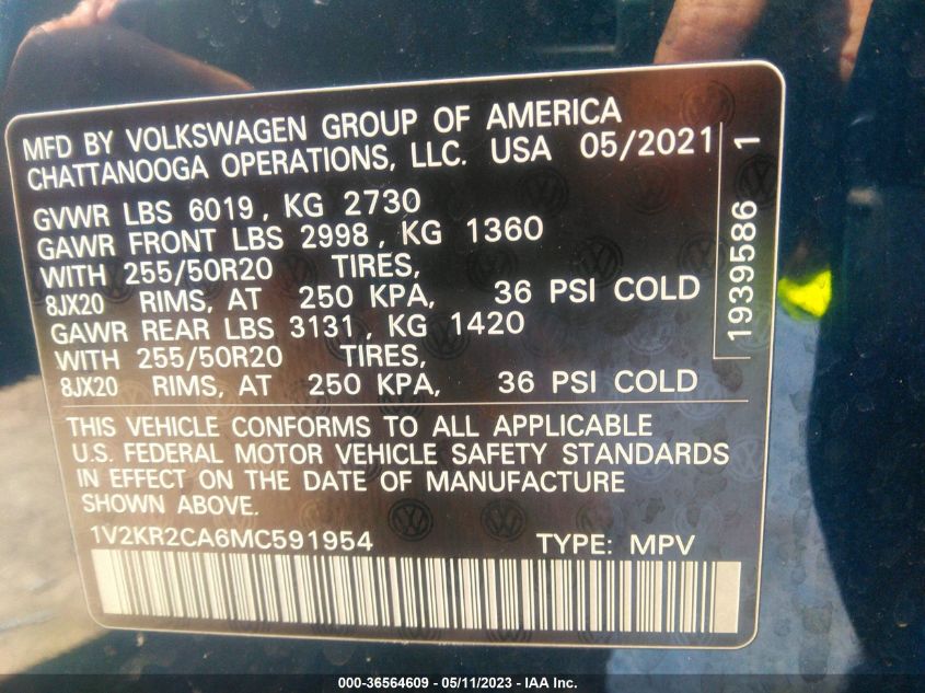 2021 VOLKSWAGEN ATLAS 3.6L V6 SE W/TECHNOLOGY - 1V2KR2CA6MC591954