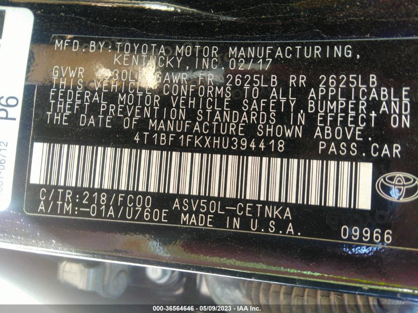 2017 TOYOTA CAMRY LE - 4T1BF1FKXHU394418