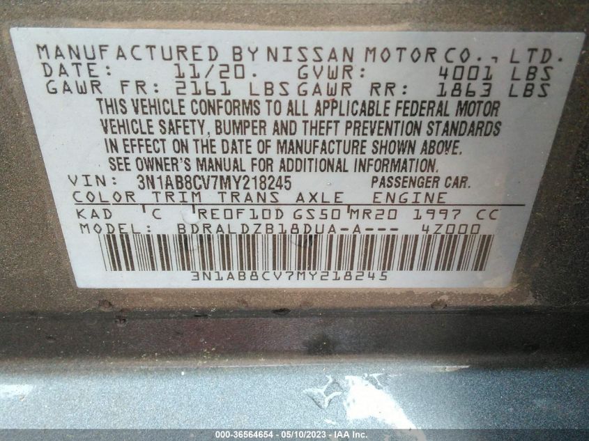 2021 NISSAN SENTRA SV - 3N1AB8CV7MY218245