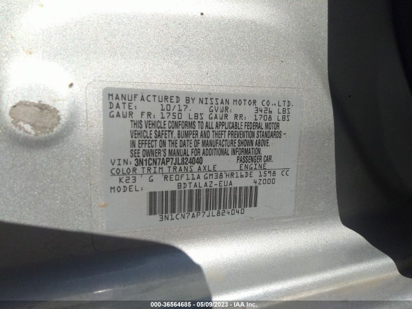 2018 NISSAN VERSA SEDAN S PLUS - 3N1CN7AP7JL824040
