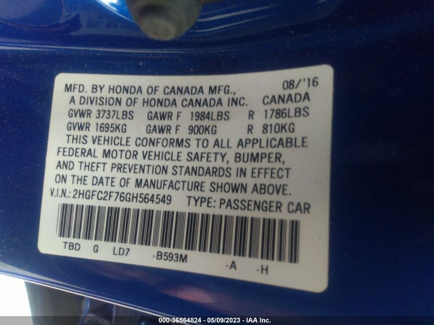 2016 HONDA CIVIC SEDAN EX - 2HGFC2F76GH564549