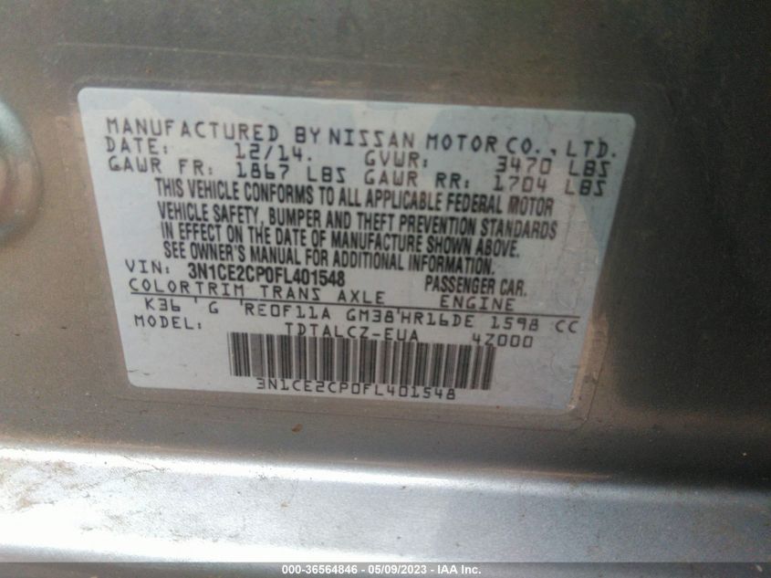 2015 NISSAN VERSA NOTE S/S PLUS/SV/SR/SL - 3N1CE2CP0FL401548