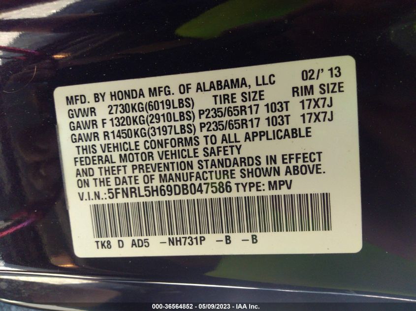 VIN 5FNRL5H69DB047586 2013 HONDA ODYSSEY no.9