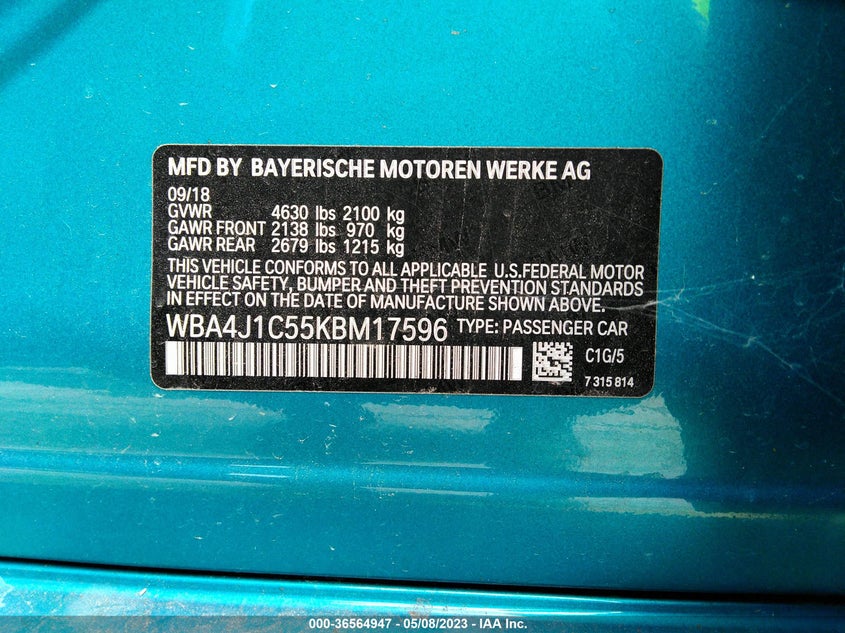 VIN WBA4J1C55KBM17596 2019 BMW 4 SERIES 430I