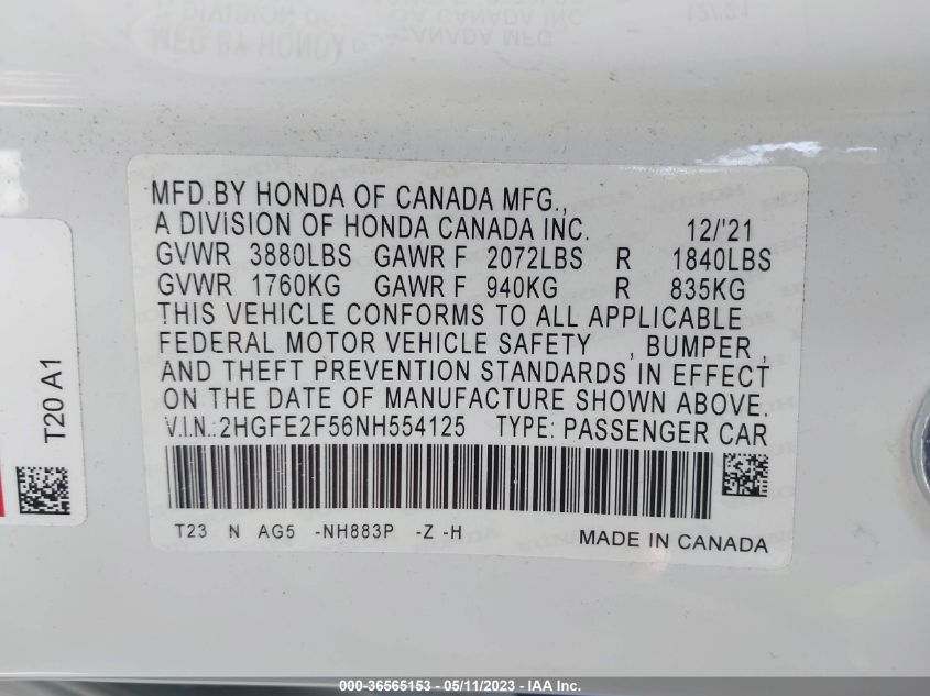 2022 HONDA CIVIC SEDAN SPORT - 2HGFE2F56NH554125
