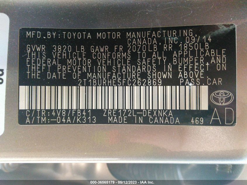 2015 TOYOTA COROLLA L/LE/S/S PLUS/LE PLUS - 2T1BURHE5FC262869