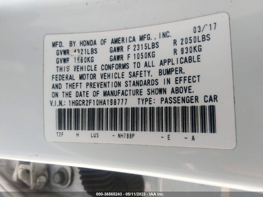 2017 HONDA ACCORD SEDAN SPORT SE - 1HGCR2F10HA198777