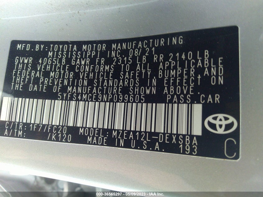 VIN 5YFS4MCE9NP099605 2022 TOYOTA COROLLA SE/SE NIGHTSHADE/APEX SE