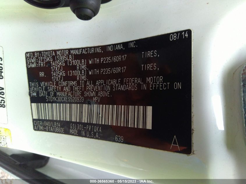 2014 TOYOTA SIENNA XLE/XLE AAS/LTD - 5TDYK3DCXES520939