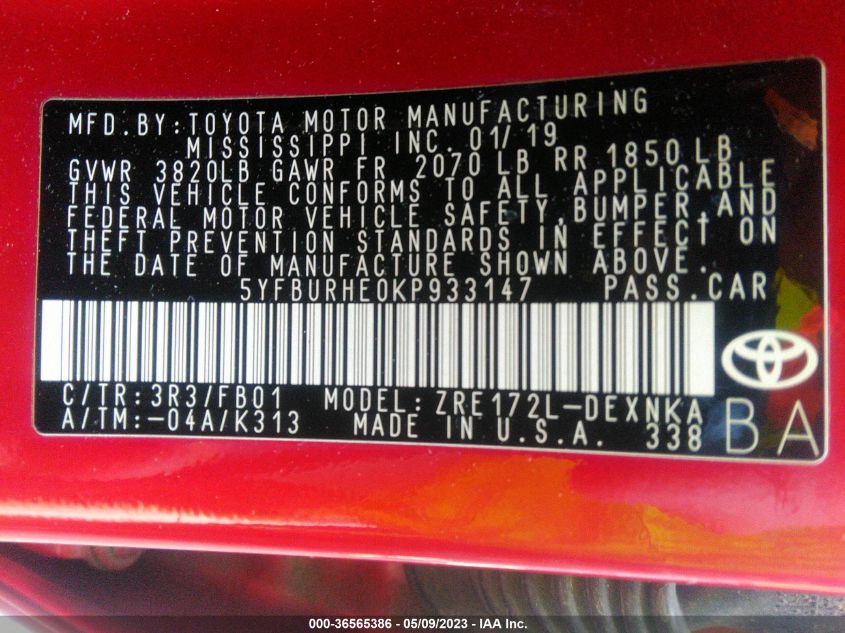 2019 TOYOTA COROLLA L/LE/SE/XLE/XSE - 5YFBURHE0KP933147