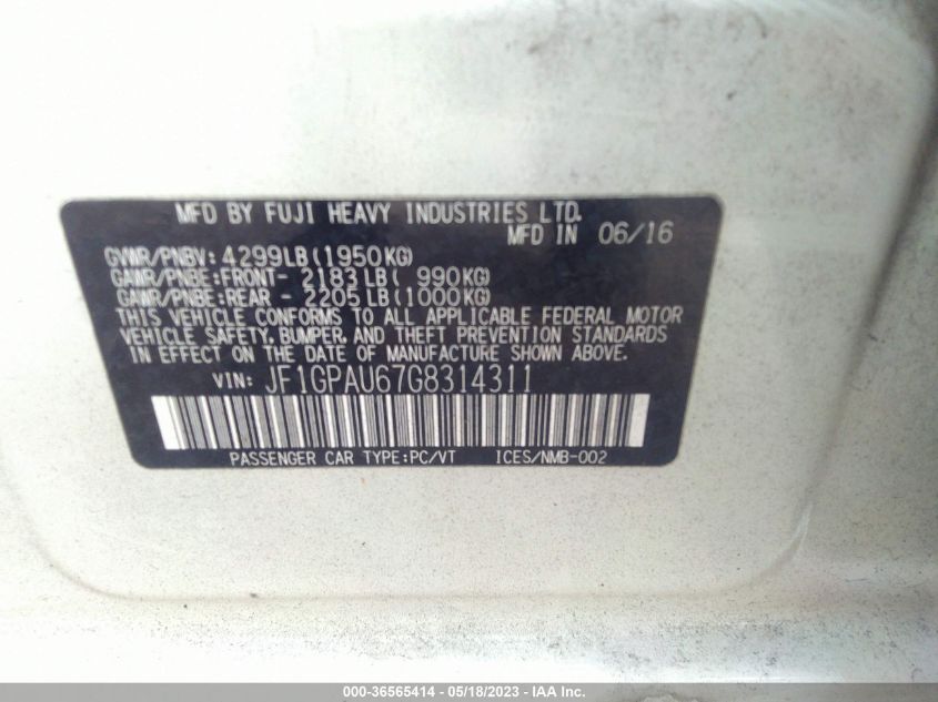 2016 SUBARU IMPREZA WAGON 2.0I SPORT LIMITED - JF1GPAU67G8314311