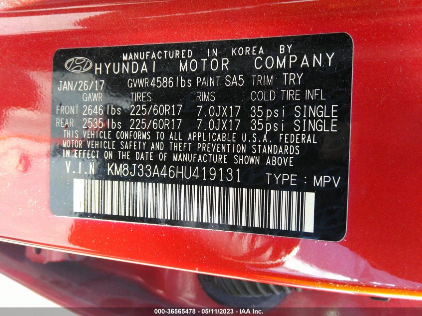 2017 HYUNDAI TUCSON SE PLUS - KM8J33A46HU419131
