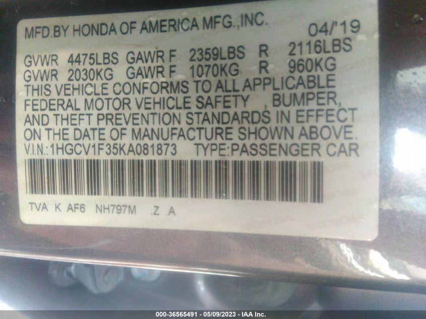 2019 HONDA ACCORD SEDAN SPORT 1.5T - 1HGCV1F35KA081873