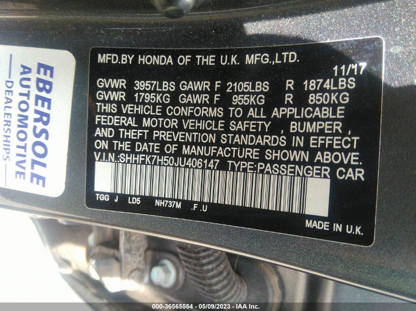 2018 HONDA CIVIC HATCHBACK EX - SHHFK7H50JU406147