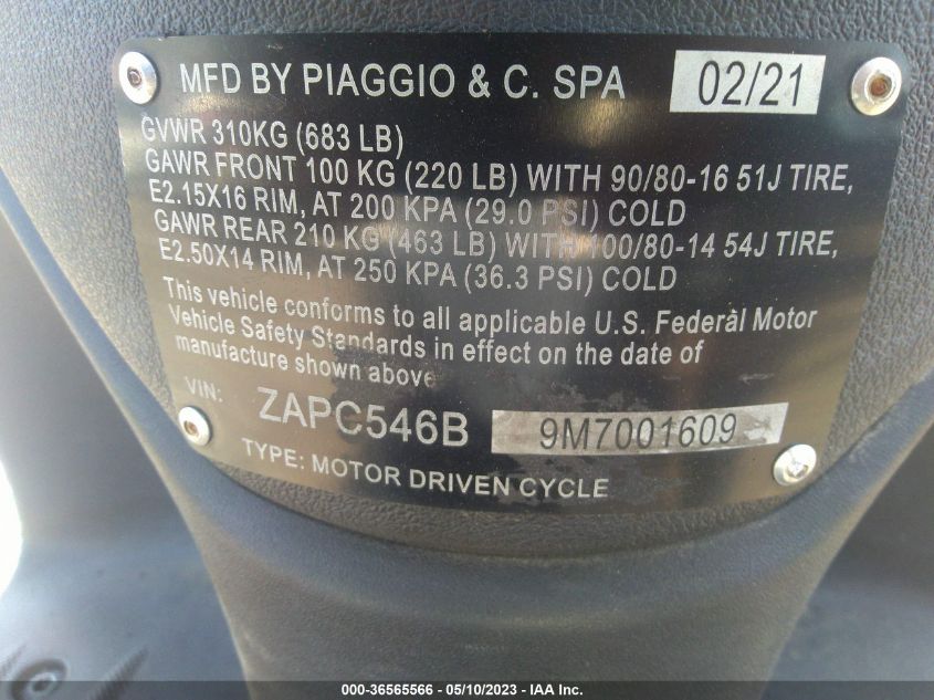 2021 PIAGGIO LT50 ZAPC546B9M7001609