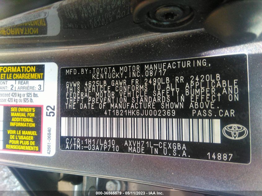2018 TOYOTA CAMRY HYBRID - 4T1B21HK6JU002369