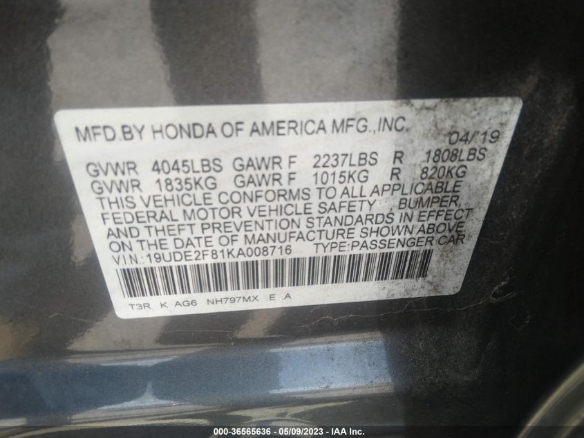 2019 ACURA ILX PKG - 19UDE2F81KA008716