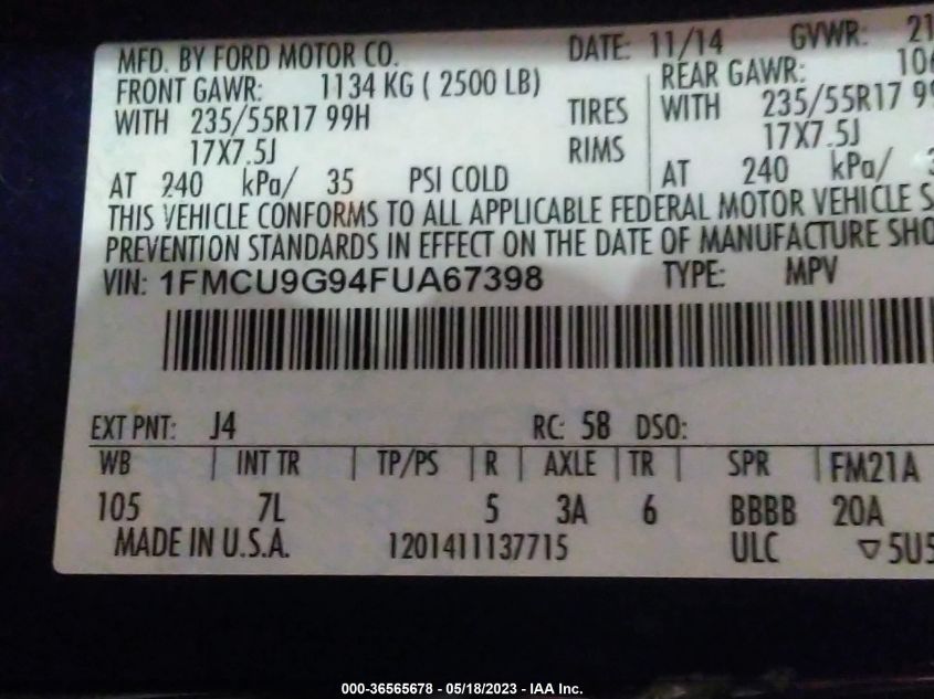 2015 FORD ESCAPE SE - 1FMCU9G94FUA67398