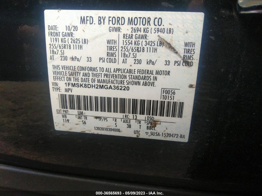 2021 FORD EXPLORER XLT - 1FMSK8DH2MGA36220