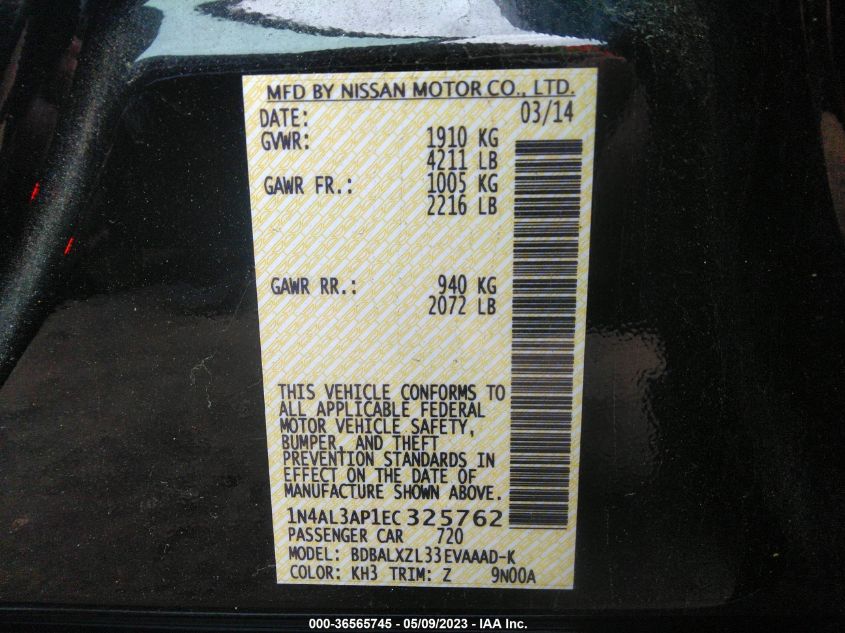 2014 NISSAN ALTIMA 2.5 SL - 1N4AL3AP1EC325762