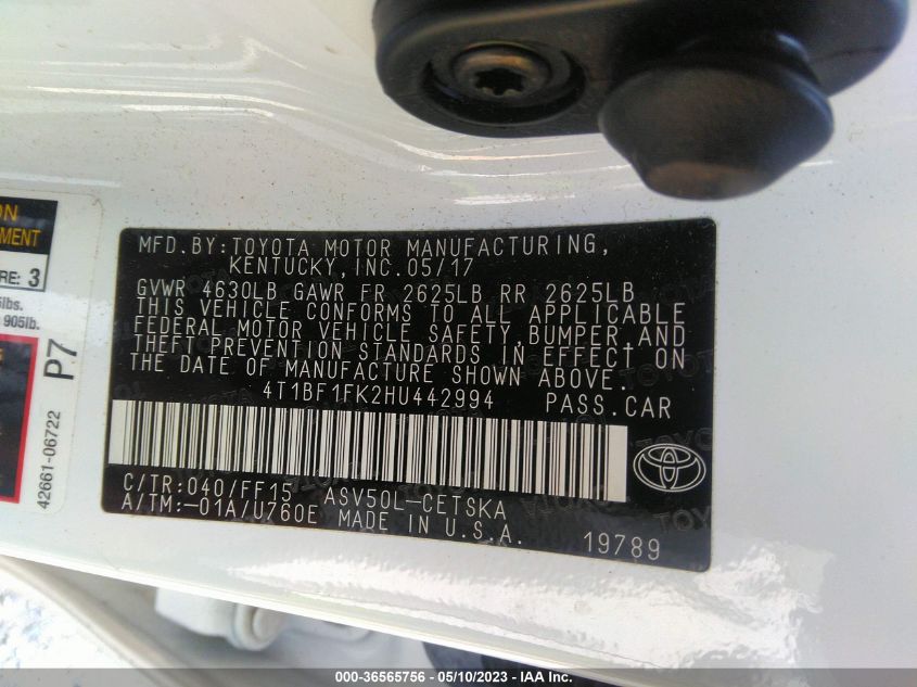 2017 TOYOTA CAMRY XLE/SE/LE/XSE - 4T1BF1FK2HU442994