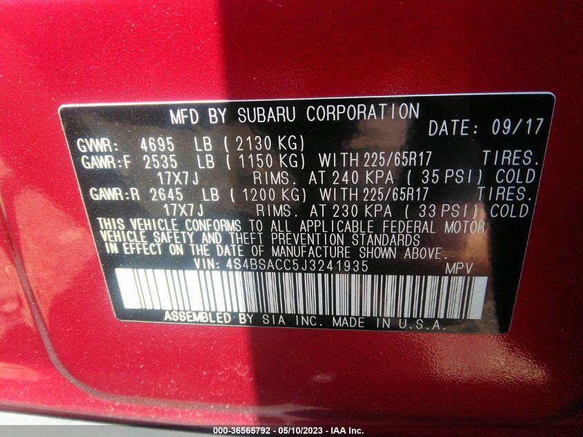 2018 SUBARU OUTBACK PREMIUM - 4S4BSACC5J3241935